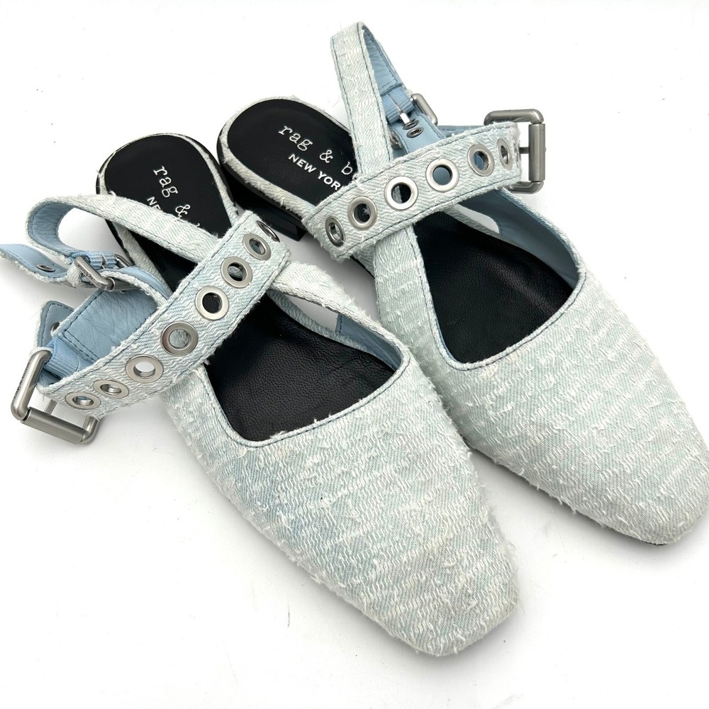 Rag & Bone Blue Tweed Grommet Slingback Flats Pointed Toe Shoes EU 38 US 7.5M